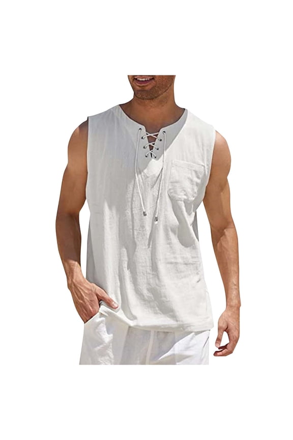 Mens Medieval Pirate Sleeveless Shirts Renaissance Lace Up Cotton Linen Tank Top with Pocket Gothic Viking Pirate Beach Tunic Big and Tall Size S-5XL White
