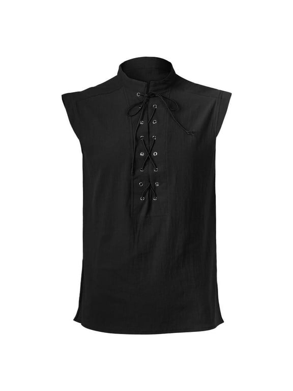 Mens Medieval Renaissance Pirate Costume Sleeveless Lace up Stand Collar 100% Cotton Shirt Gothic Viking Steampunk Top Tunic Big and Tall Size L-5XL Black