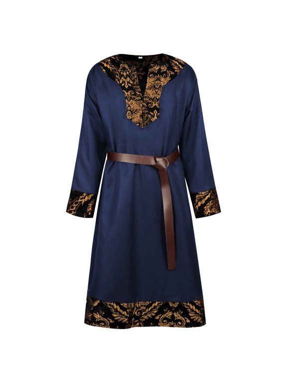 Mens Medieval Viking Tunic Surcoat Waistband Pirate Robe Role-playing Suit with Belt Vintage Halloween Costume