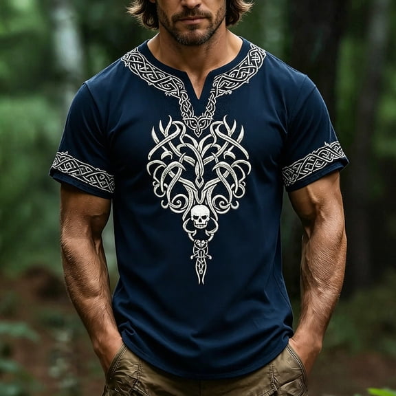 Mens Viking Warrior Graphic T Shirt Vintage Nordic Style Short Sleeve Crewneck Tee Retro Mythical Warrior Print Top History Lover Gift L