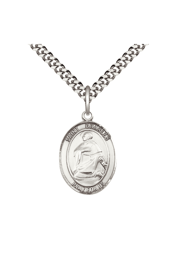 Mens Medium Oval .925 Sterling Silver Saint Charles Borromeo Medal Pendant on 24" Rhodium Plated Heavy Curb Brass Chain w/ Lobster Claw Clasp,Catholic Religious Necklace-USA Made Gift Boxed