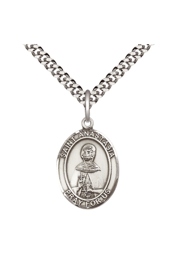 Medium Men's Oval Pewter Saint Anastasia Medal Pendant on 24" Rhodium Plated Heavy Curb Brass Chain with Lobster Claw Clasp, Catholic Religious Necklace -Made in USA- Deluxe Velvet Gift Box