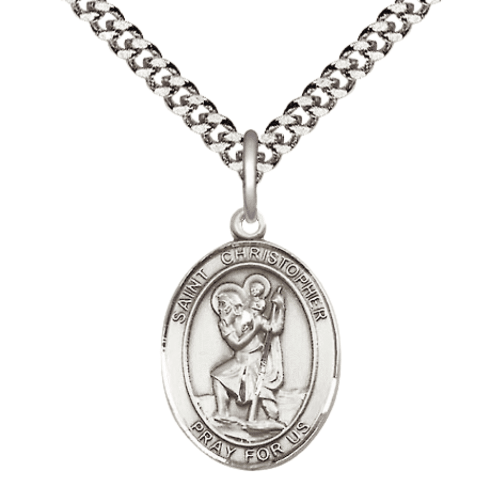 Medium Men's Oval Pewter Saint Christopher Medal Pendant on 24 Inch ...