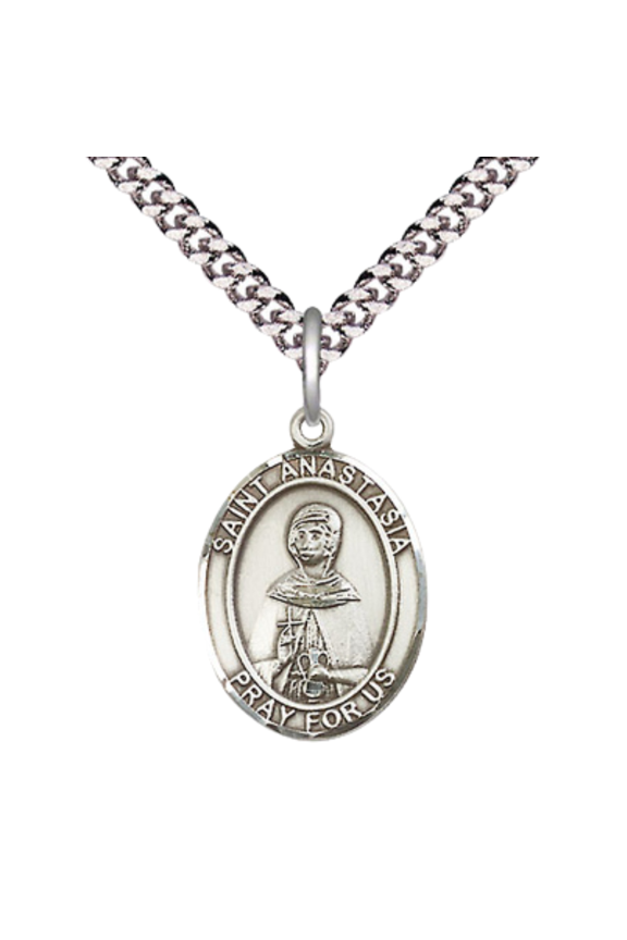 Mens Medium Oval Sterling Silver Saint Anastasia Medal Pendant on 24" Rhodium Plated Heavy Curb Brass Chain w/ Lobster Claw Clasp, Catholic Religious Necklace -Made in USA-Velvet Gift Box