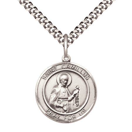 Medium Men's Round Pewter Saint Camillus of Lellis Medal Pendant on 24" Rhodium Plated Heavy Curb Brass Chain w/ Lobster Claw Clasp, Catholic Religious Necklace -Made in USA- Velvet Gift Box