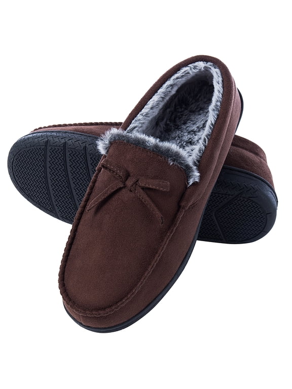 Mens Memory Foam Moccasin Slippers Fuzzy Lining, Soft Comfy Suede Mens House Indoor Bedroom Slippers Non-Slip