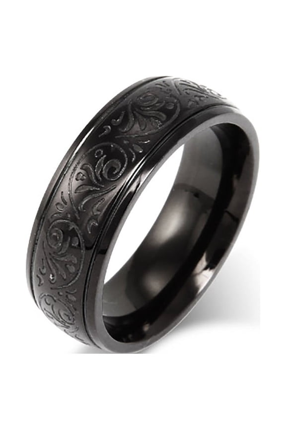 Mens Men's Black Stainless Steel Carved Design Ring, Ring Size 11