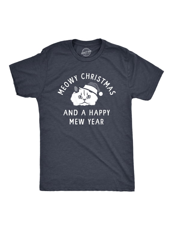 Mens Meowy Christmas and A Happy Mew Year T Shirt Funny Xmas Kitten Lovers Tee for Guys Graphic Tees