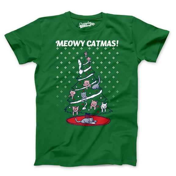 Mens Meowy Christmas Funny Cat Dad Ugly Sweater T shirt Adult Humor Sarcastic Graphic Tees