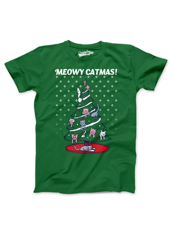 Mens Meowy Christmas Funny Cat Dad Ugly Sweater T shirt Adult Humor Sarcastic Graphic Tees