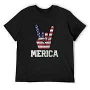 Mens Merica Rock Sign 4th of July Vintage American Flag Retro USA T-Shirt Black