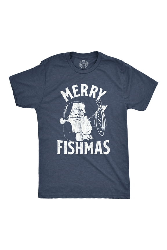 Mens Merry Fishmas T Shirt Funny Christmas Santa Claus Fishing Tee Graphic Tees