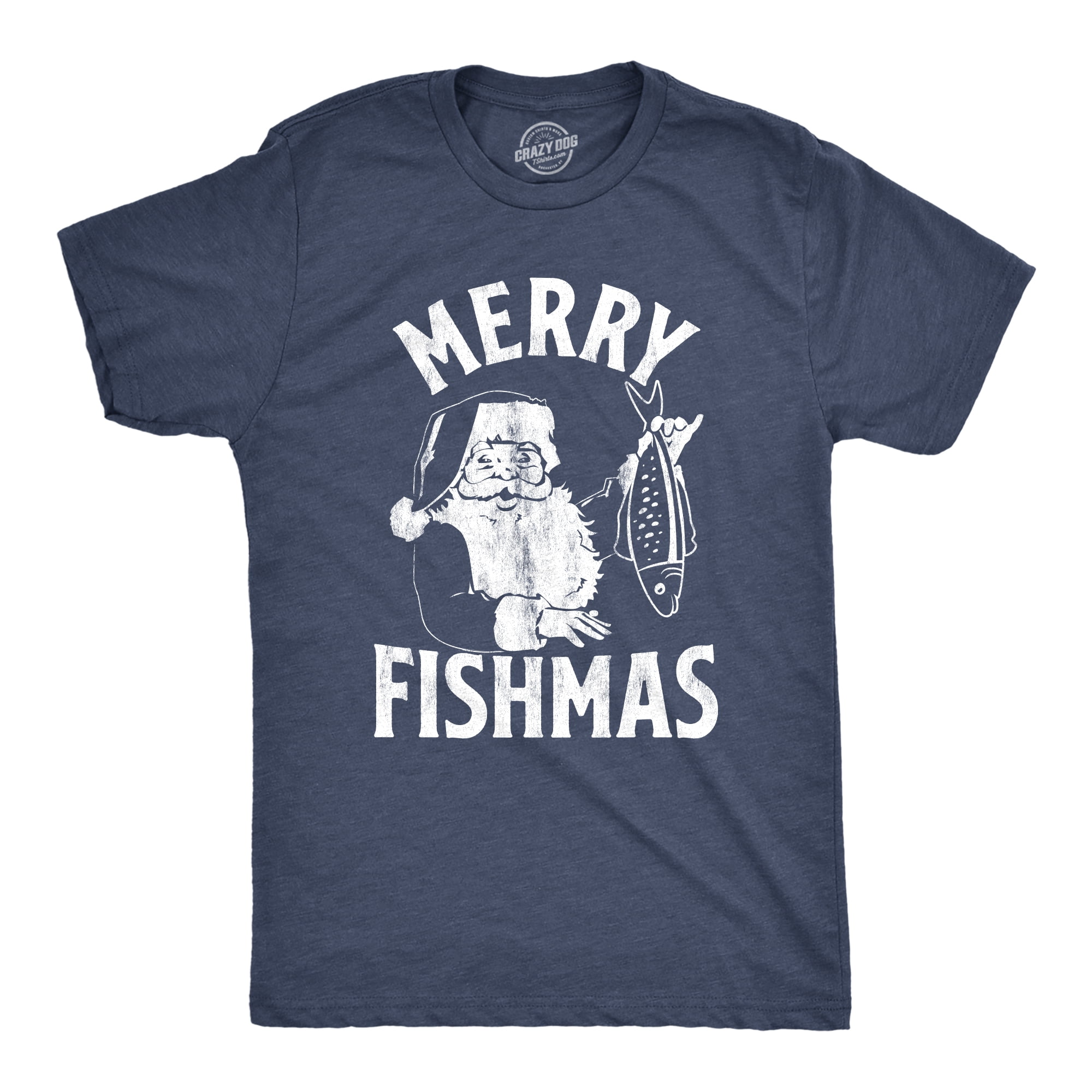 Mens Merry Fishmas Tshirt Funny Christmas Santa Claus Fishing Tee (Heather  Navy) - S Graphic Tees