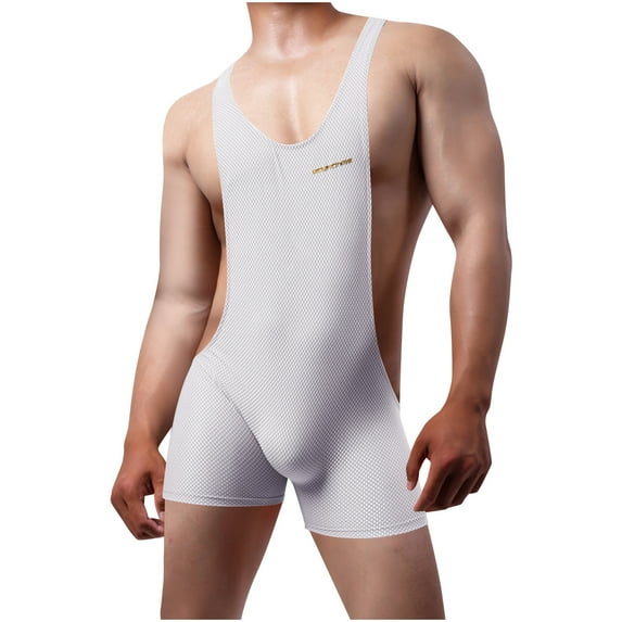 Mens Mesh Breathable Bodysuit Solid Color Elastic Sleeveless Jumpsuit Basic Layer Athletic Supporters Leotard
