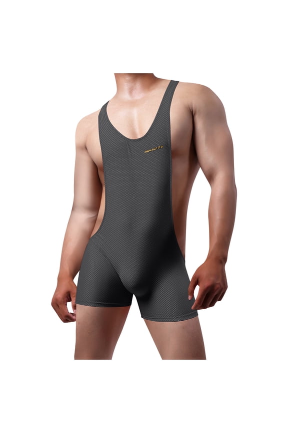 Mens Mesh Breathable Bodysuit Solid Color Elastic Sleeveless Jumpsuit Basic Layer Athletic Supporters Leotard