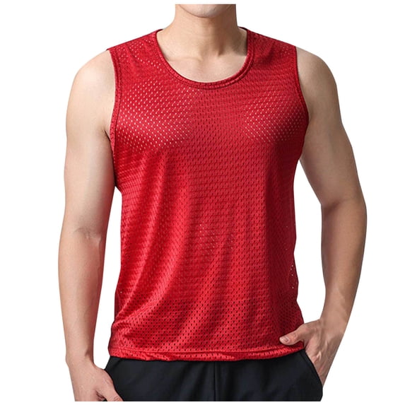 Mens Mesh Fishnet Tank Tops Fitted Sleeveless Muscle Hollow Out Tops Summer Workout Beach Shirts Quick Dry Breathable Tees