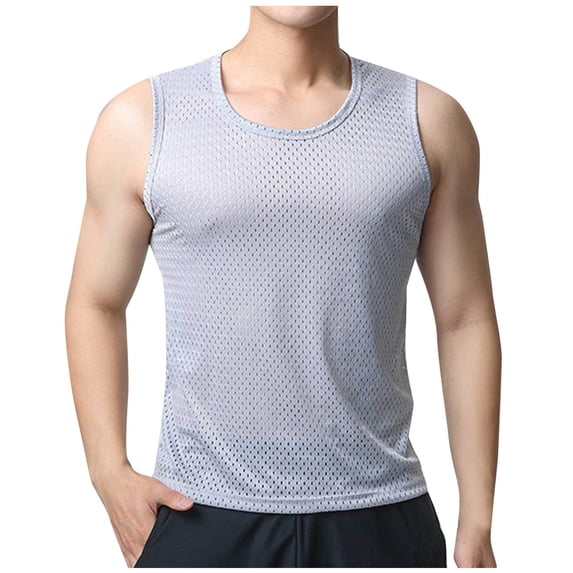 Mens Mesh Fishnet Tank Tops Fitted Sleeveless Muscle Hollow Out Tops Summer Workout Beach Shirts Quick Dry Breathable Tees