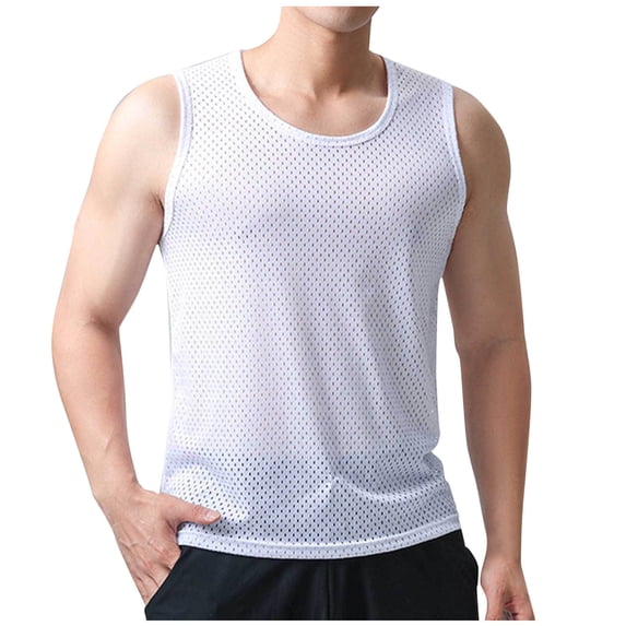 Mens Mesh Fishnet Tank Tops Fitted Sleeveless Muscle Hollow Out Tops Summer Workout Beach Shirts Quick Dry Breathable Tees