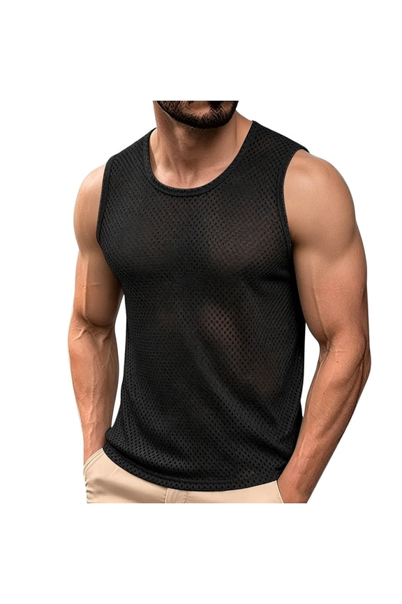 Mens Mesh Fishnet Tank Tops Fitted Sleeveless Muscle Summer Workout Beach Shirts Quick Dry Athletic Gym Tanks Breathable Mesh