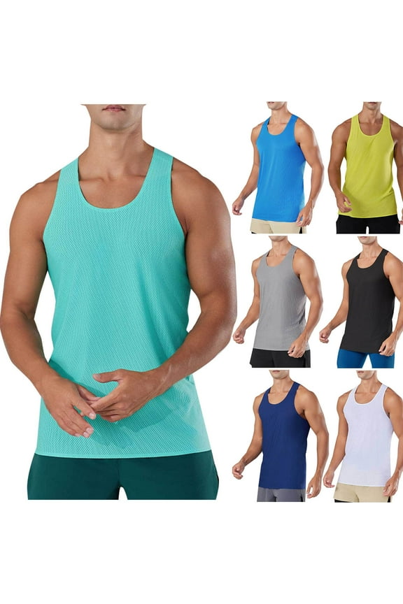 Mens Mesh Muscle Fit Sleeveless Stringer Tank Top Workout Athletic Bodybuilding Muscle Tee Quick Dry Crewneck Racerback Shirts Summer Beach Vacation Tops