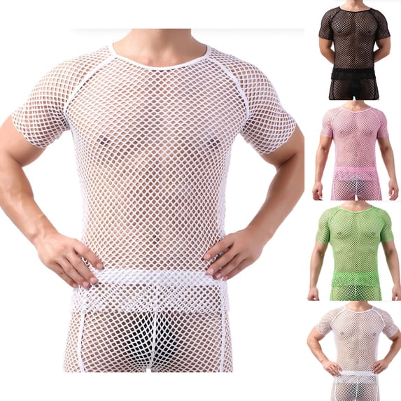 Mens Mesh See Through Short Sleeve T-Shirts Muscle Fit Fishnet Tops Crewneck Raglan Breathable Clubwear Party Rave Summer Beach Festival Quick Dry Athletic Tee