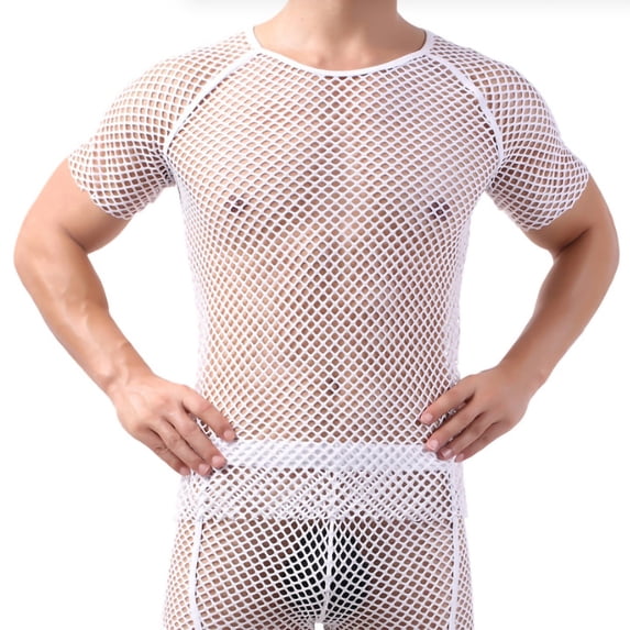 Mens Mesh See Through Short Sleeve T-Shirts Muscle Fit Fishnet Tops Crewneck Raglan Breathable Clubwear Party Rave Summer Beach Festival Quick Dry Athletic Tee