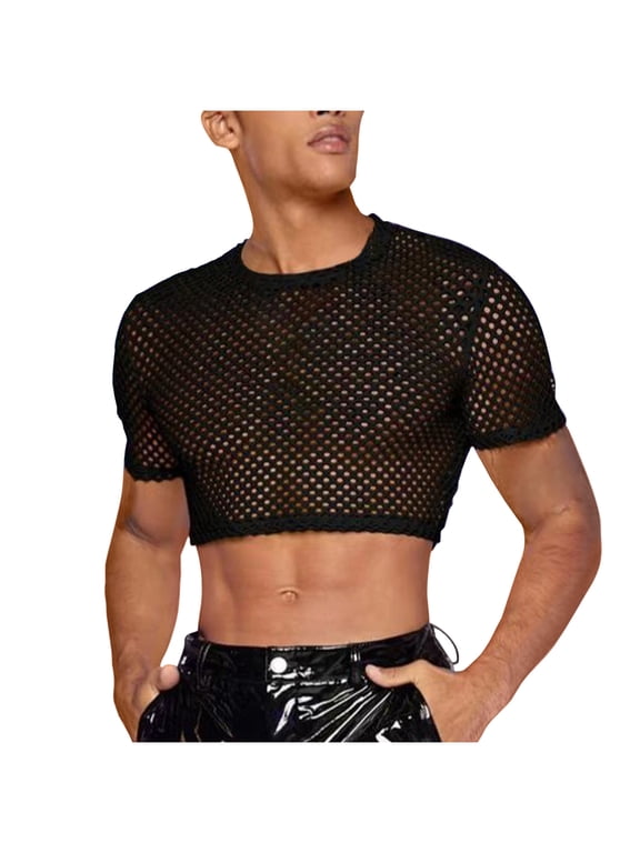 Mens Mesh Sexy Shirts Hollow Out Fishing Net Tops Long Sleeve Lapel T-Shirt Light Breathable Mesh Yarn Blouses