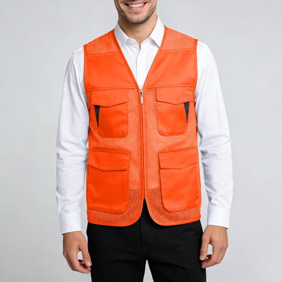 Mens Mesh Vest Zipper Fishing Hiking Vest Lightweight Outdoor Vest for Men (Orange XL)