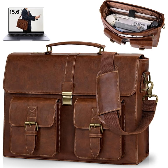 Mens Messenger Bag 15.6 Inch Leather Laptop Briefcase Computer Laptop Bag Leather Satchel Bag Large Bag for Office Work Travel College, Brown