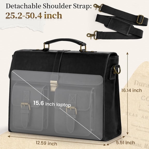 Mens Messenger Bag 15.6 Inch Leather Vintage Laptop Briefcase Waterproof Computer Laptop Bag Large Shoulder Bag for Office Work Travel College Black