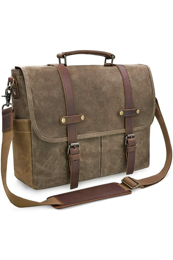 Messenger Bag for Men15.6 Inch Canvas Briefcase Waterproof Large Leather Computer Laptop Bag Vintage Genuine Leather Waxed Rugged Satchel Shoulder Bag