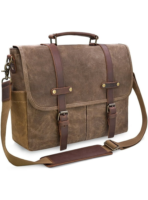 Mens Messenger Bag 15.6 Inch Waterproof Vintage Genuine Leather Waxed Canvas Briefcase Large Leather Computer Laptop Bag Rugged Satchel Shoulder Bag,Coffee