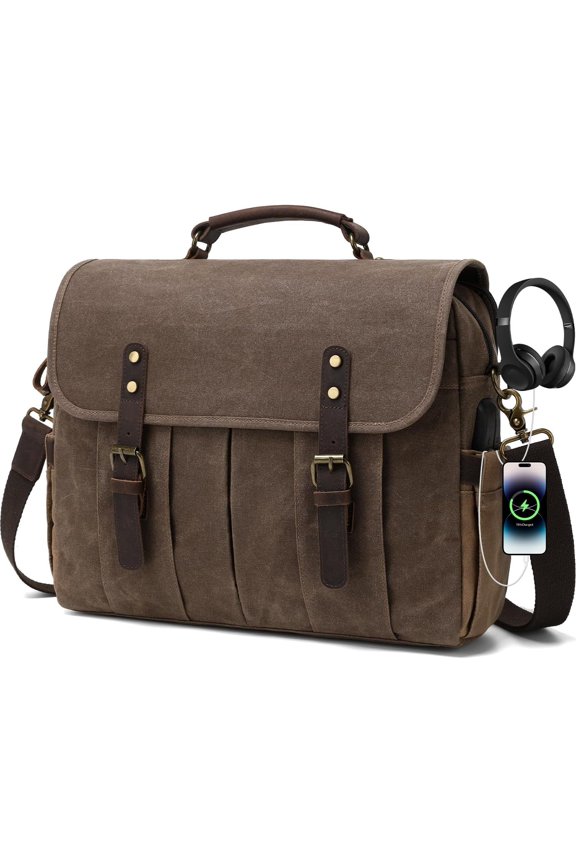 Mens Messenger Bag 15.6 inches   Waxed Canvas Satchel  Bag Briefcase Laptop Bag with ,Headset Port,Brown