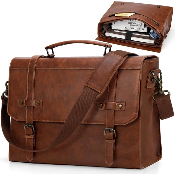 Mens Messenger Bag 17 Inch Waterproof Vintage Leather Laptop Briefcase Large Laptop Bag Satchel Bag Computer Shoulder Bag for Office Business Travel College,Brown