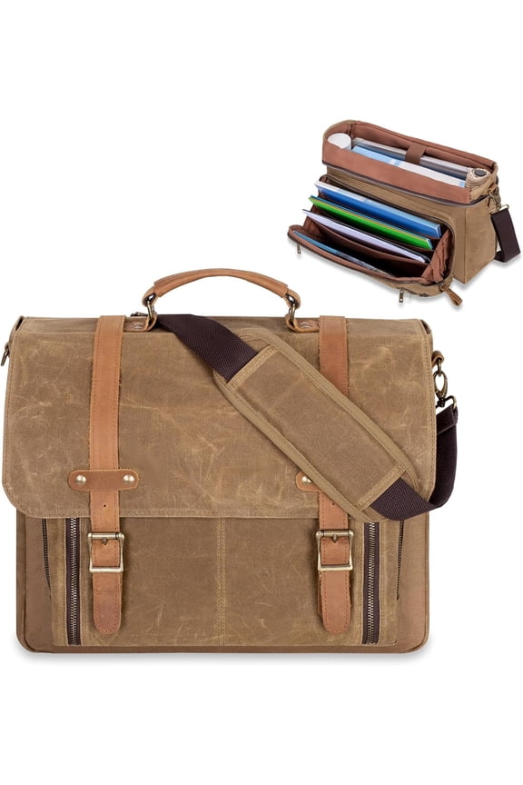 Mens Messenger Bag with Accordion File Folder, Leather Waxed Canvas Briefcase Fits 17 inch Laptop, Crossbody Work Satchel Bag with Strap for School, Business, Travel