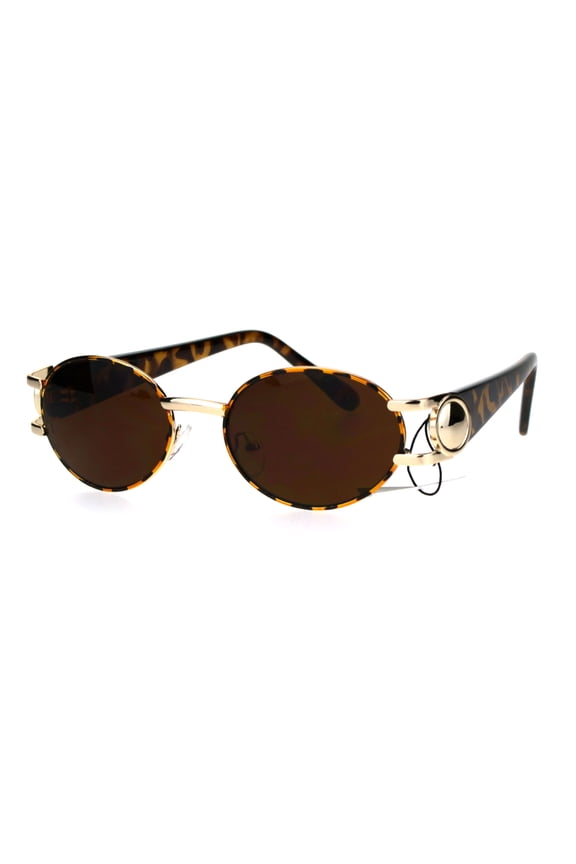 Mens Metal Emblem Luxury 90s Gangster Rapper OG Oval Round Sunglasses Tortoise Brown
