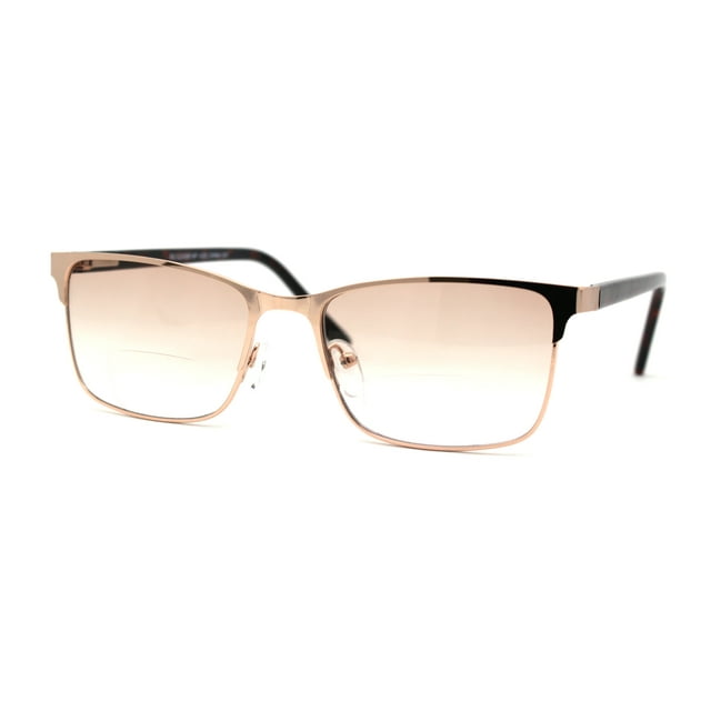 Mens Metal Half Rim Rectangular Bifocal Light Sunglasses Reader Gold +2.0