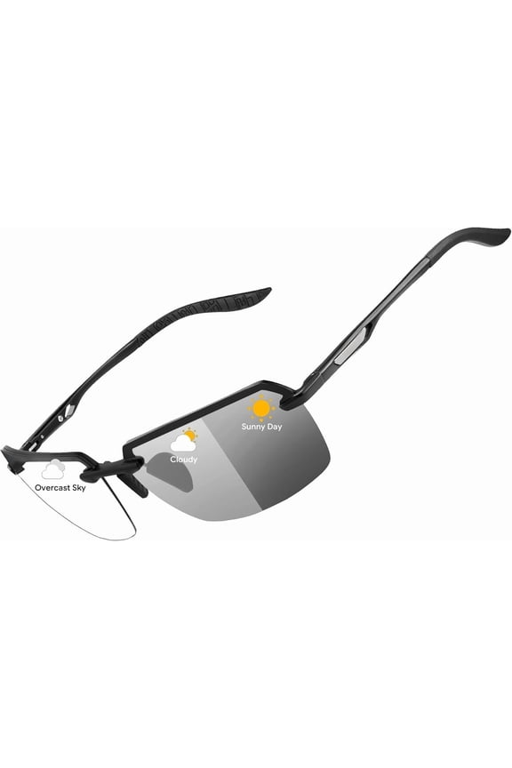Mens Metal Photochromic Sunglasses: UV Protection Al-Mg Sun Glasses Ultra-light Rimless Shades for Driving Cycling