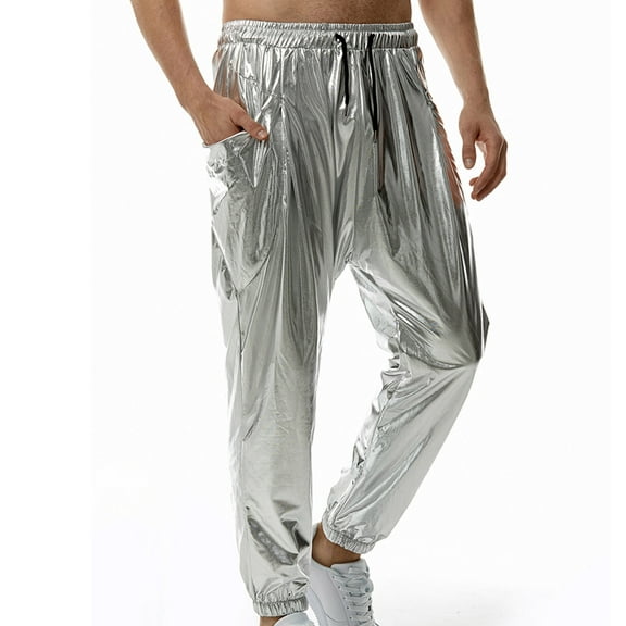 Mens Metallic Disco Pants 70s/80s Sequin Pants Drawstring Waist Party Club Pants Rave Shiny Jogger Night Club Disco Pants with Pockets Party Shiny Breathable Jogger