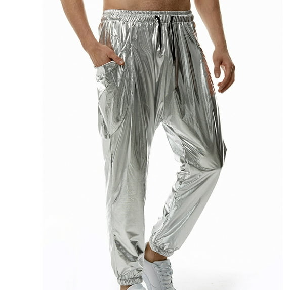 Mens Metallic Disco Pants 70s/80s Sequin Pants Drawstring Waist Party Club Pants Rave Shiny Jogger Night Club Disco Pants with Pockets Party Shiny Breathable Jogger