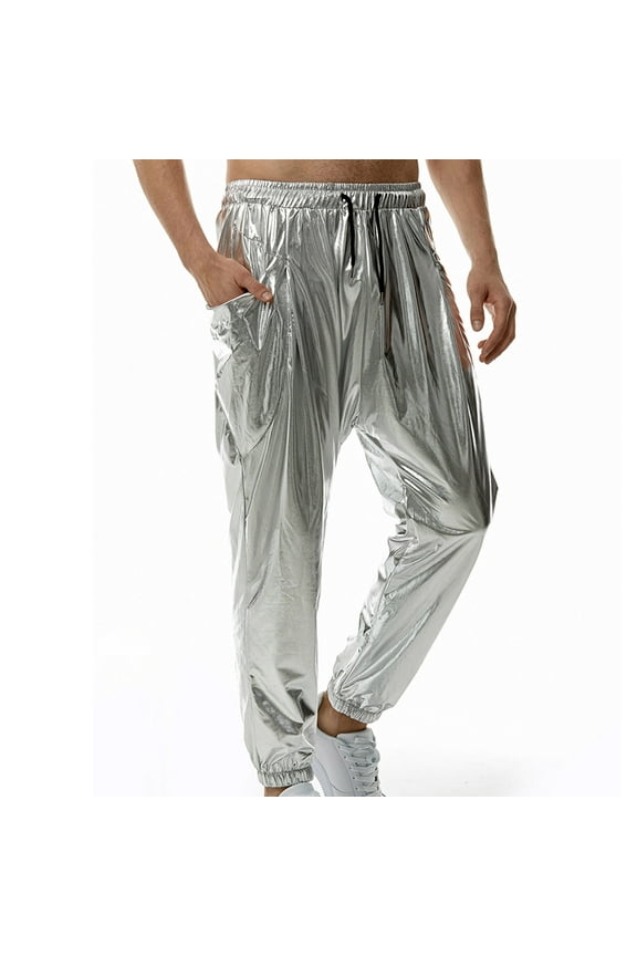 Mens Metallic Disco Pants 70s/80s Sequin Pants Drawstring Waist Party Club Pants Rave Shiny Jogger Night Club Disco Pants with Pockets Party Shiny Breathable Jogger