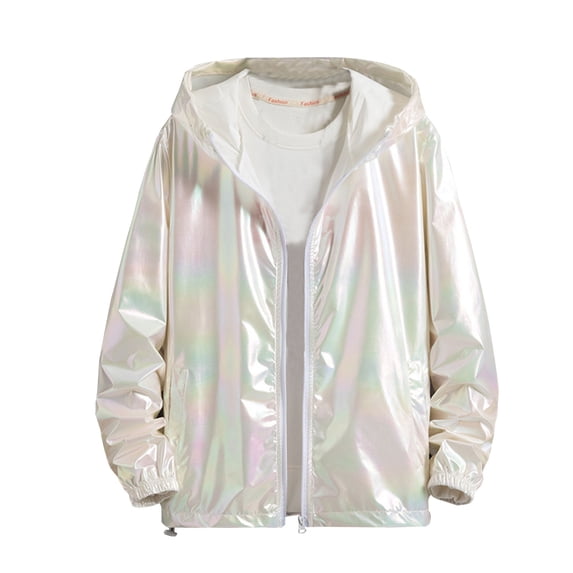 Mens Metallic Holographic Jacket Lightweight Zip Up Hooded Shiny Reflective Running Workout Windbreaker Trendy
