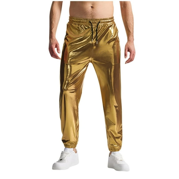 Mens Metallic Shiny Disco Pants Elastic Waist Solid Color Tapered Pants 70s Evening Party Club Hot Pants
