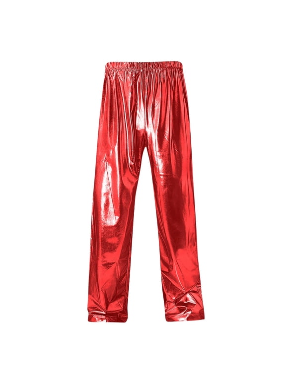Mens Metallic Shiny Disco Pants Sparkling Straight Leg Elastic Waist Hip Hop Trousers Rave Outfits Party Costume (M, Red)