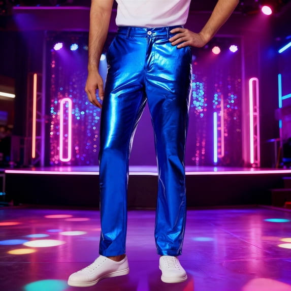 Mens Metallic Shiny Disco Pants Wet Look Party Dance Straight Leg Trousers (Blue L)