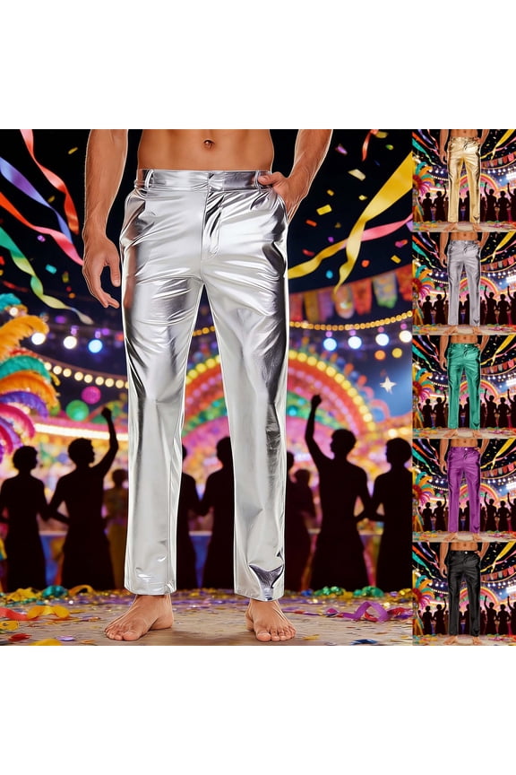 Mens Metallic Shiny Disco Trousers Wet Look Party Dance Straight Leg Trousers Holiday Green XXXL