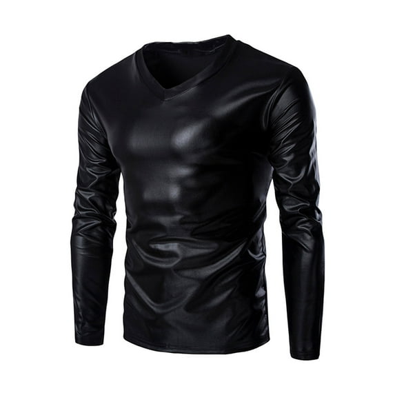 Mens Metallic Shiny Long Sleeve T-shirt Top Slim Fit V Neck Blouse Black XXXXXL