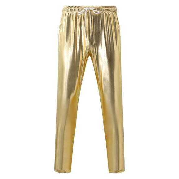Mens Metallic Shiny Pants Disco Party Dance Leg Trousers Drawstring Nightclub Pant