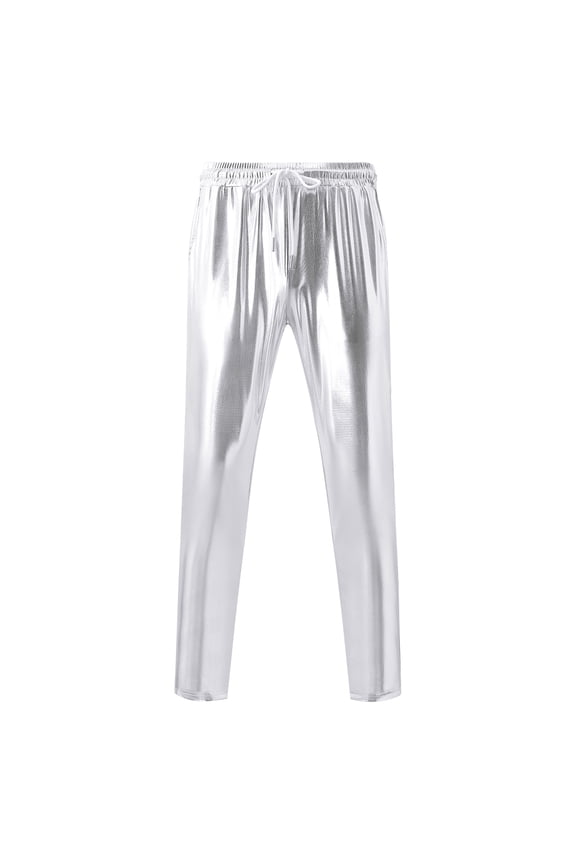 Mens Metallic Shiny Pants Disco Party Dance Leg Trousers Drawstring Nightclub Pant