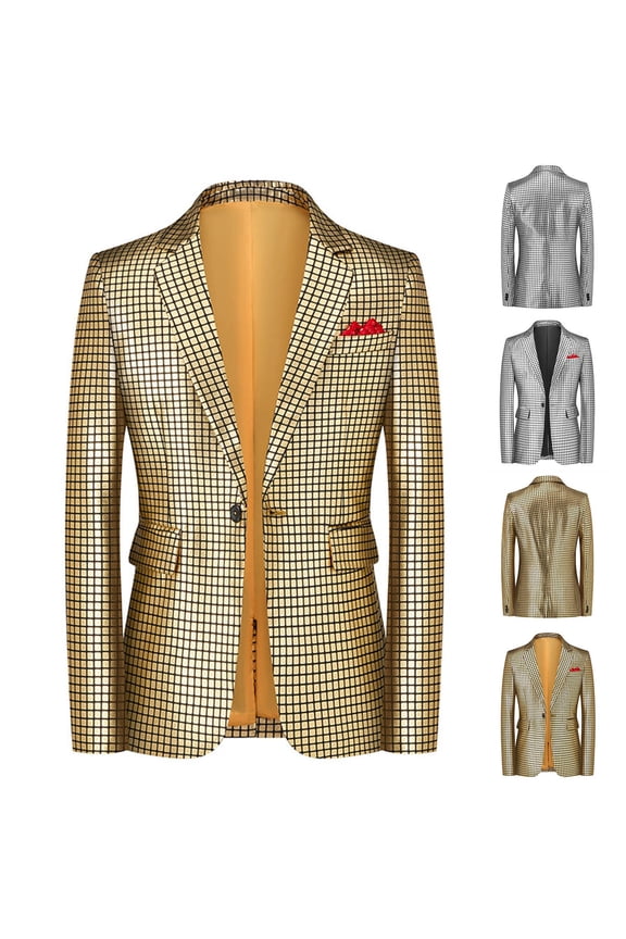 Mens Metallic Suit Jacket 70s Disco Dance Party Sport Coat Slim Fit One Button Plaid Shiny Wedding Party Blazer Jacket